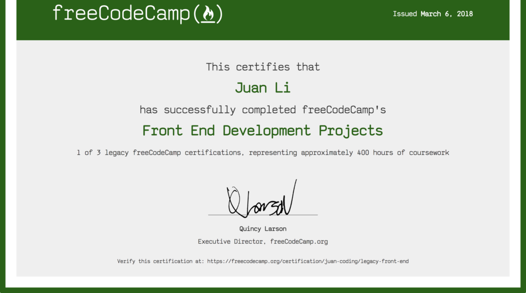 certificate from freeCodeCamp